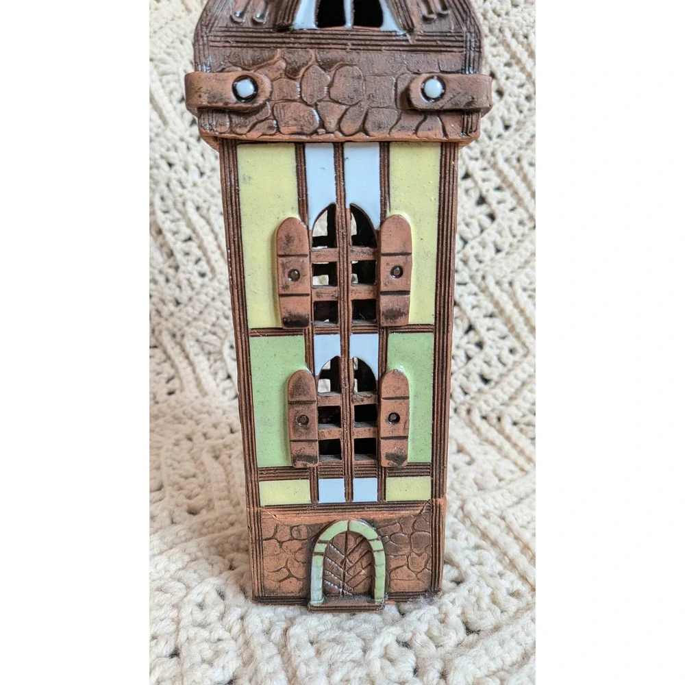Vintage Lithuanian Handmade Clay Tower Tea Light‎ Candle Holder Village House